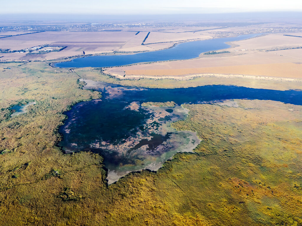LUNG LAKE, IZMAIL RAION, ODESSA OBLAST, UKRAINE - SEPTEMBER 02, 2020: Aerial view on Lung lake