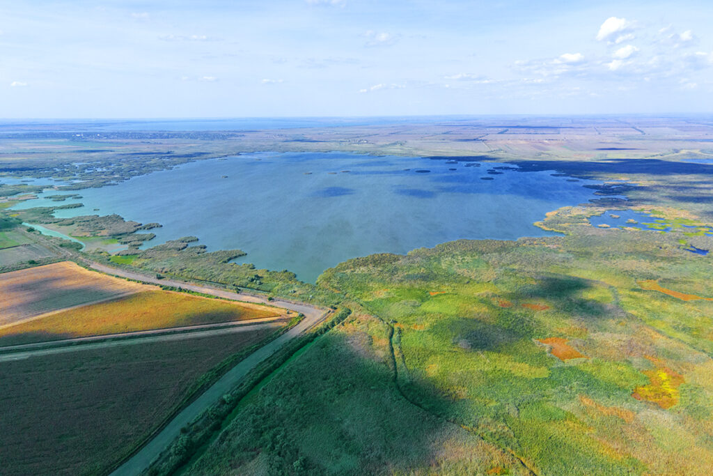 KARTAL LAKE, ORLOVKA VILLAGE, RENI RAION, ODESSA OBLAST, UKRAINE - SEPTEMBER 03, 2020: Aerial view on Kartal lake