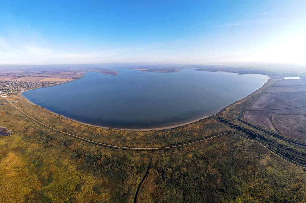 LUNG AND KATLABUKH LAKES, IZMAIL RAION, ODESSA OBLAST, UKRAINE - SEPTEMBER 02, 2020: Aerial view on Lung and Katlabukh lakes
