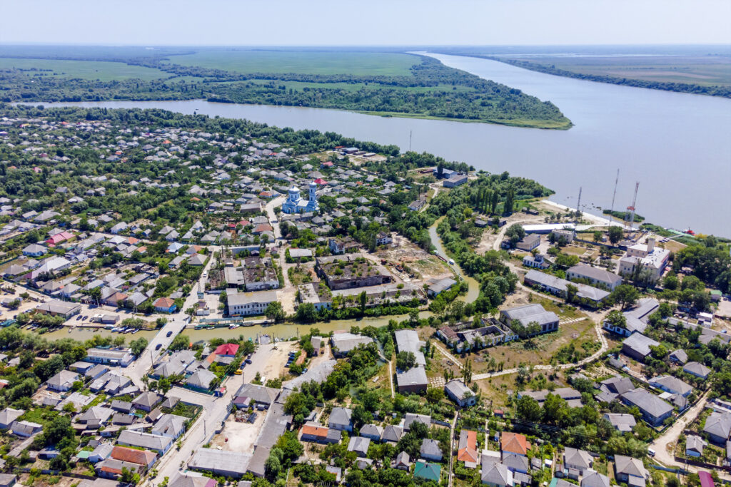 VYLKOVE, ODESSA OBLAST, UKRAINE - JULY 11-15, 2020: Aerial view on Vilkovo city - Ukrainian Venice, stylelife in an old town standing on water.